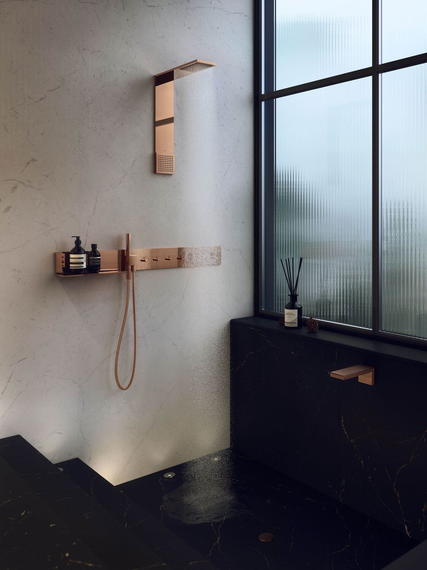 AXOR ShowerComposition separate overhead and control modules in Polished Red Gold