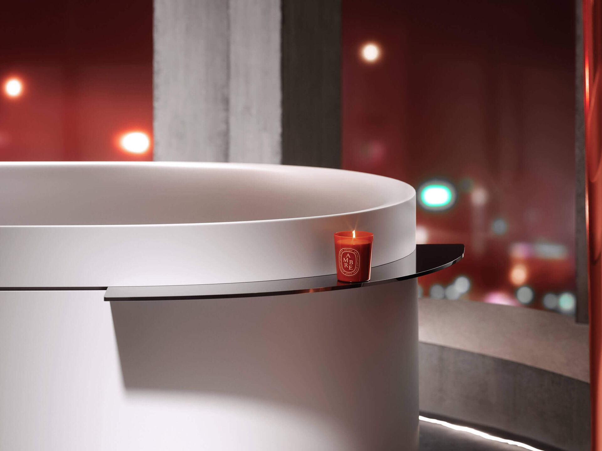 Dark metal shelf attached to the rim of a white AXOR Suite bath