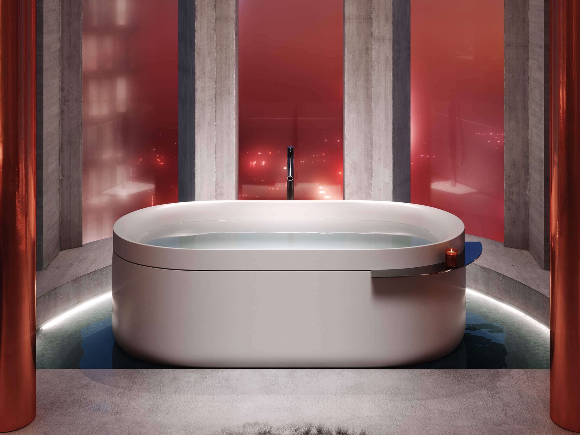 White AXOR Suite freestanding bath with a dark shelf in a red-lit room