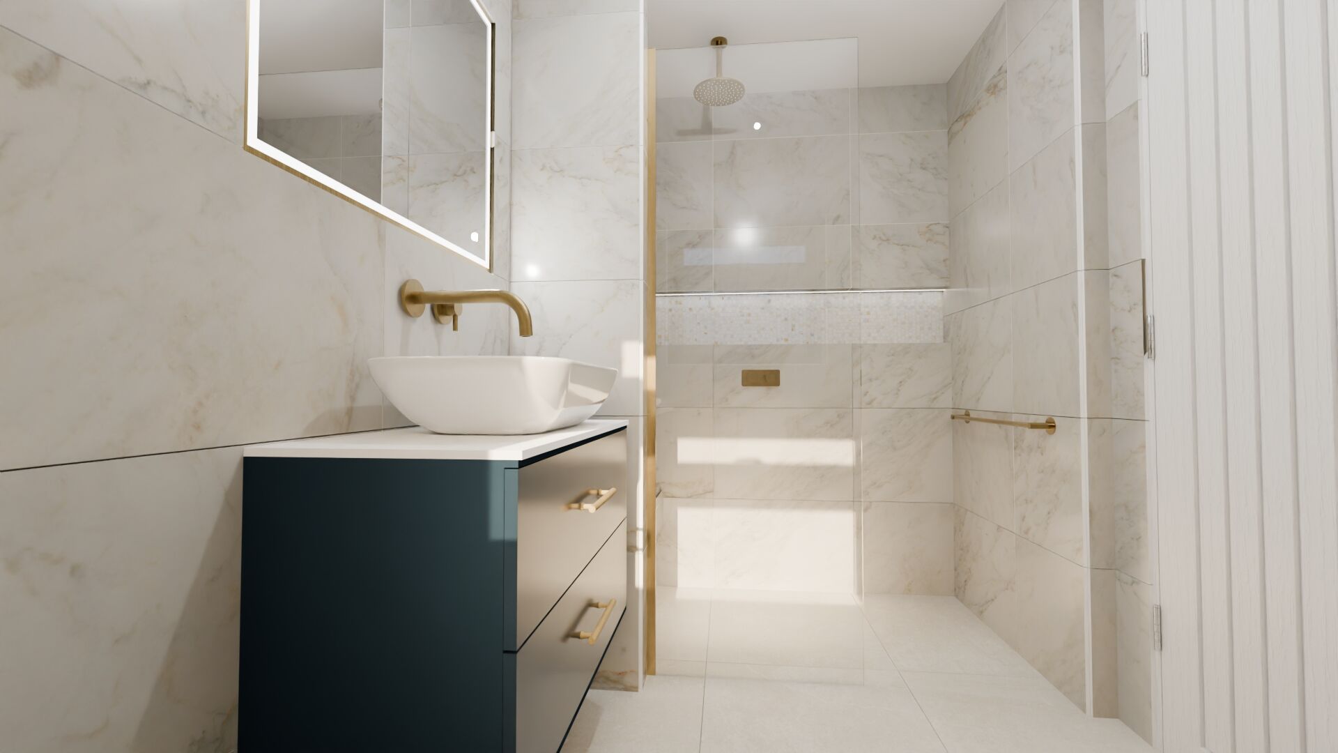 3D design render of the Chelmsford CM3 master ensuite: a dark vanity unit with a white vessel basin and a brass wall-mounted tap under an LED mirror, and a walk-in shower beyond with a ceiling rain head and a mosaic niche strip