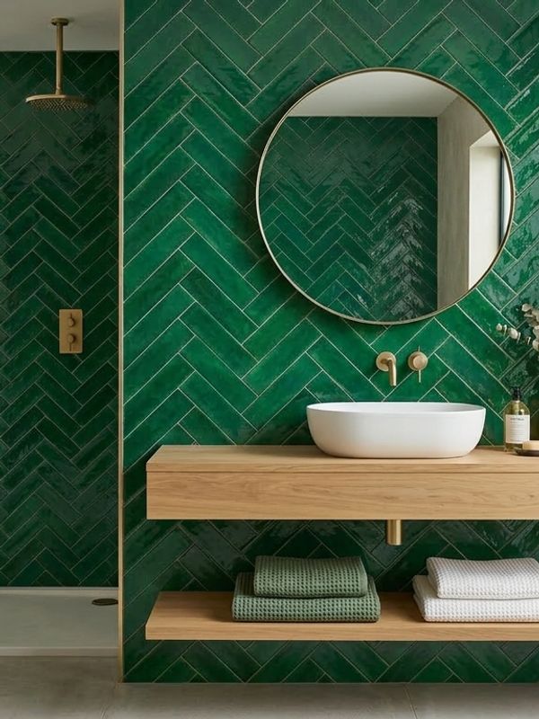 Green herringbone tile pattern showing the repeating zig-zag layout across a full wall