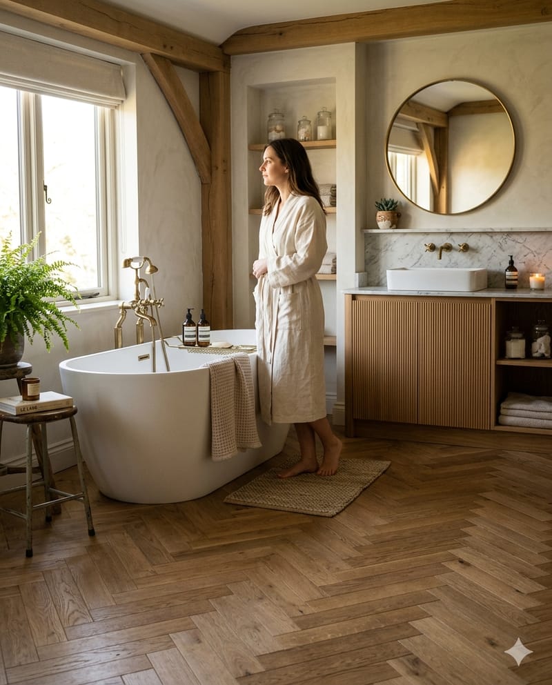 Herringbone tile samples laid out for selection showing different materials and colour options