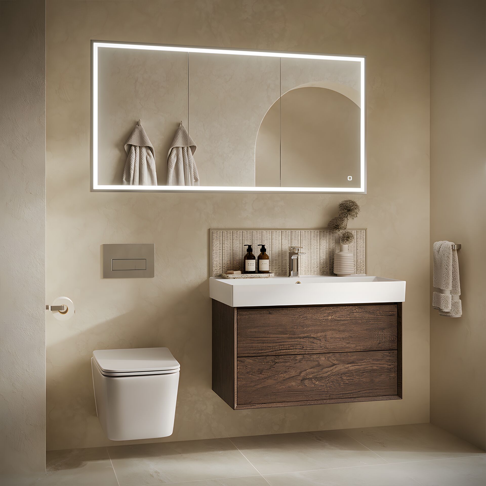 HiB Vanquish 140 aluminium-trim cabinet above a single wide vanity
