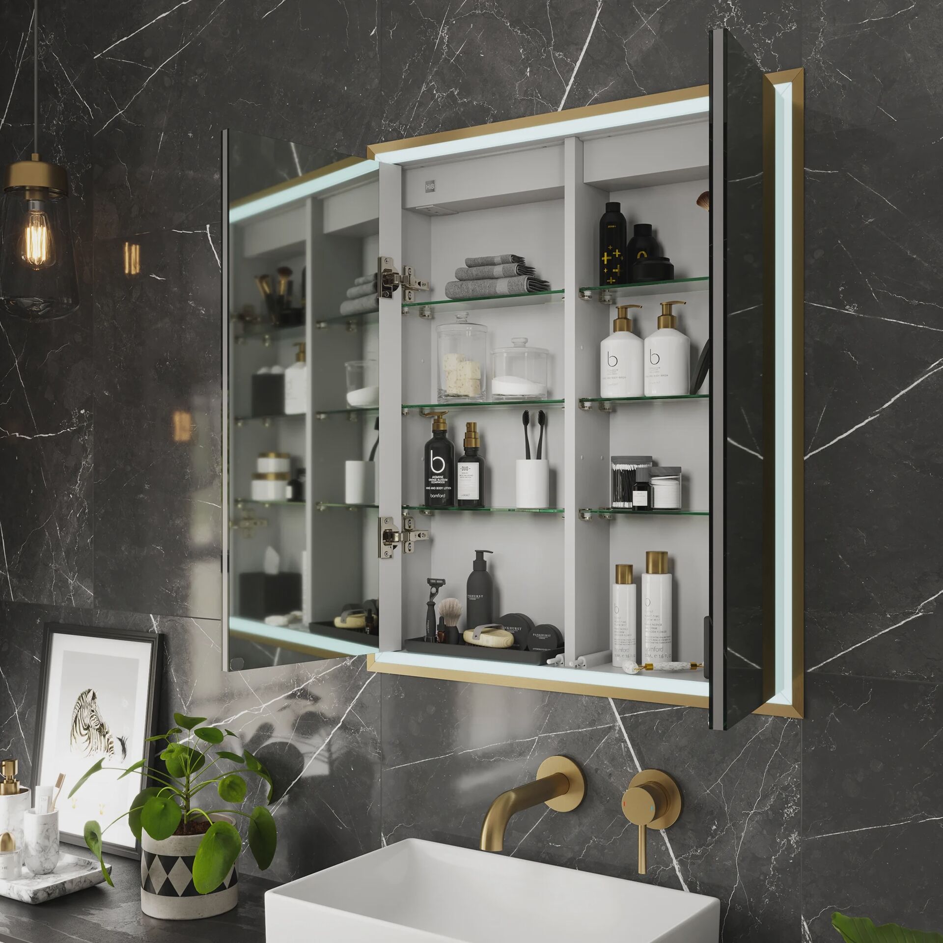 Open Vanquish cabinet with mirrored doors and glass shelves