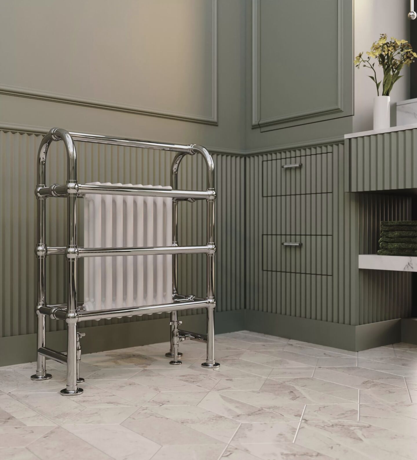 Vogue Baroque radiator with a white column inside a polished metal towel frame