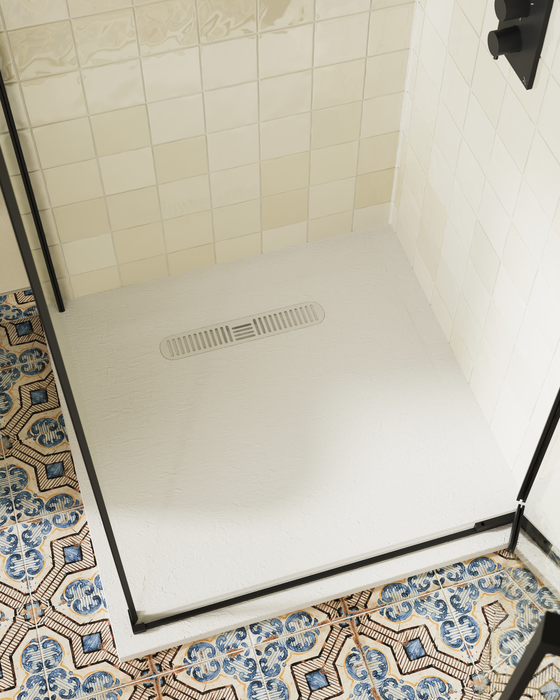Crosswater walk-in shower tray and drainage channel — the footprint and waste-fall a bath-to-shower conversion plans around