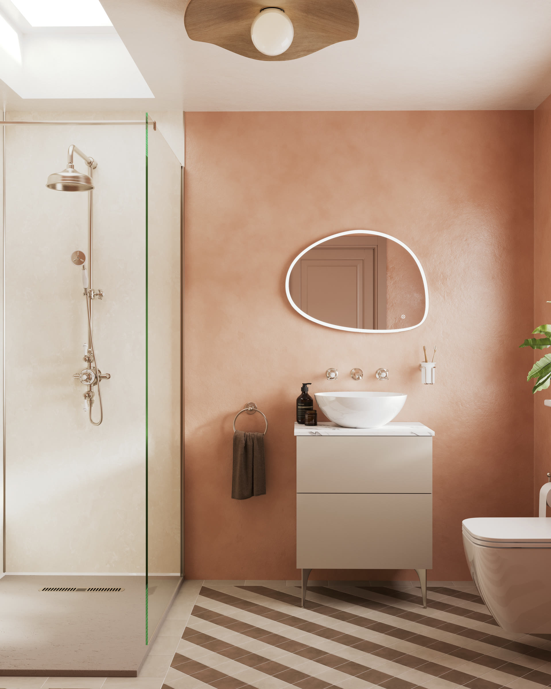 Level-access walk-in shower with a flush floor transition — the ageing-in-place configuration built luxury-first