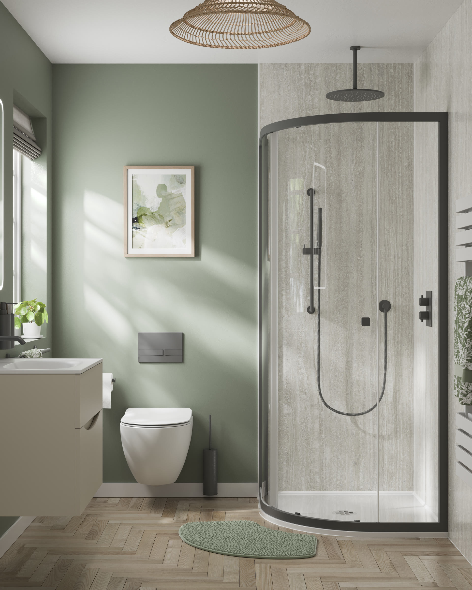 Downsizer bungalow bathroom with a walk-in shower and travertine-effect tile — the retirement-stage configuration
