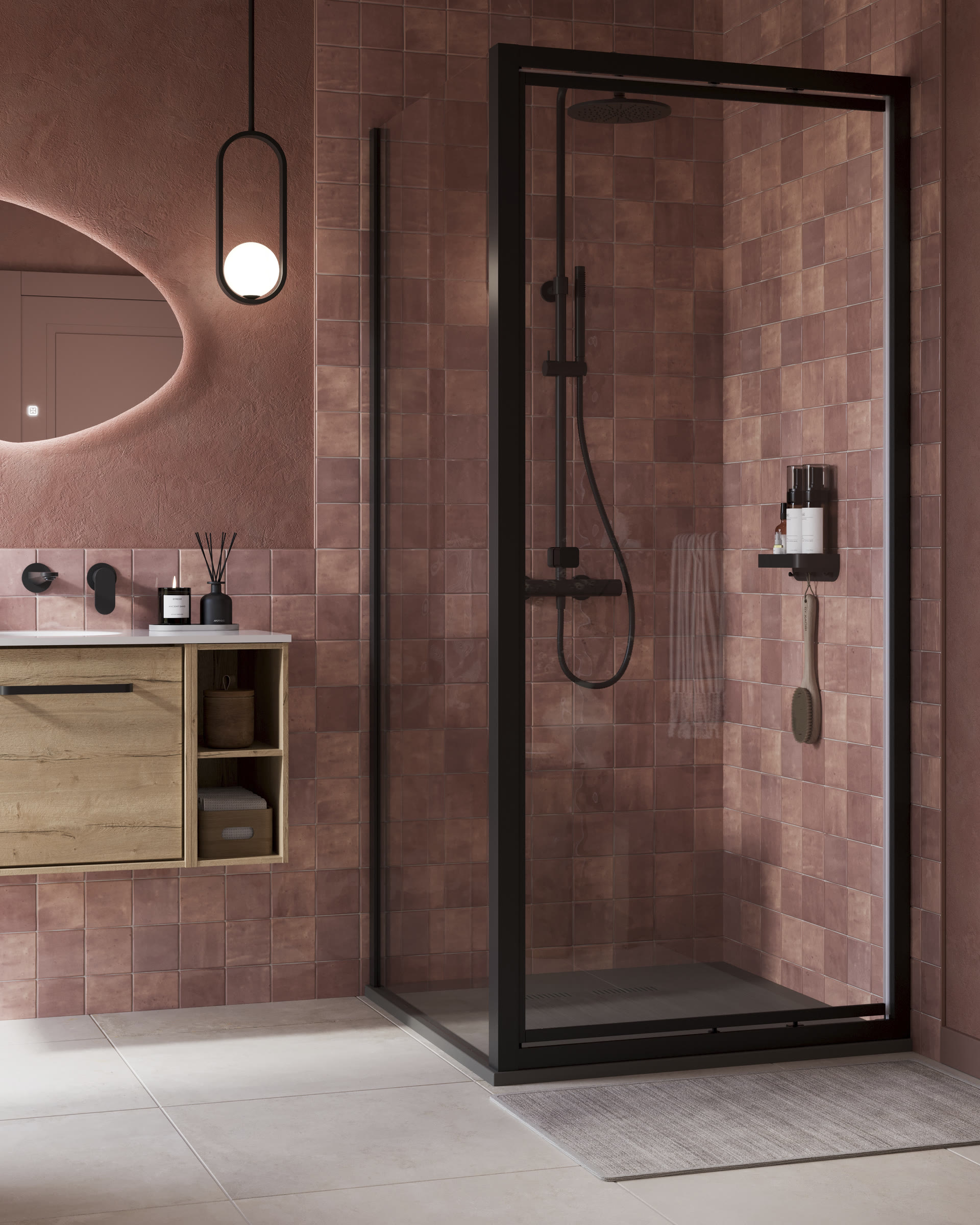 Compact monochrome ensuite walk-in shower — the single-occupant flat configuration where losing the bath rarely matters