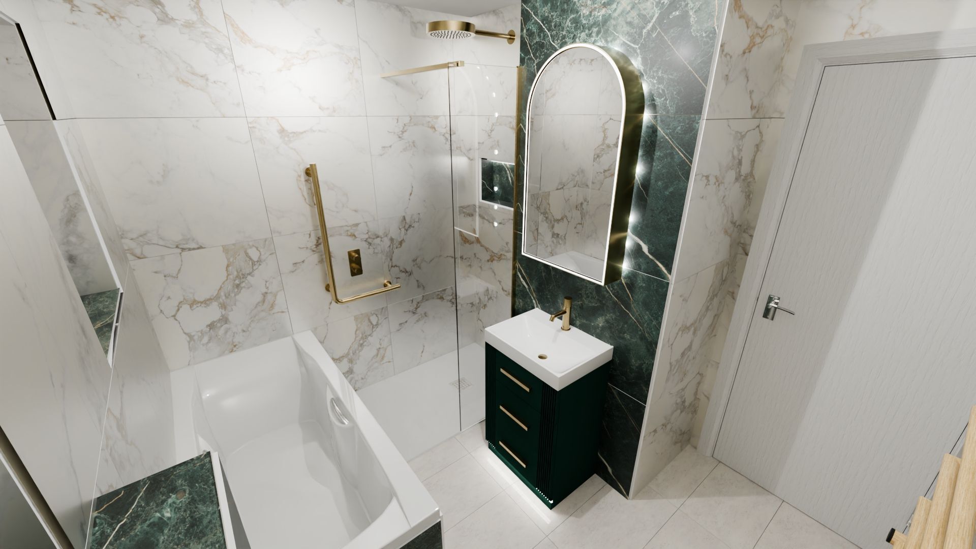 Design render of a shower tray fitted alongside a bath in a compact Braintree CM7 family bathroom