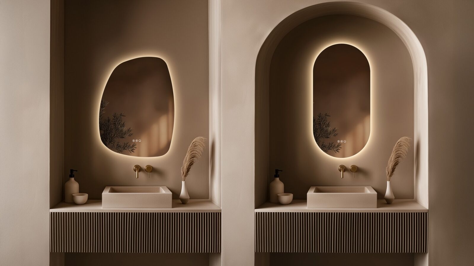 Origins Living Claris backlit bathroom mirrors, dimmed low