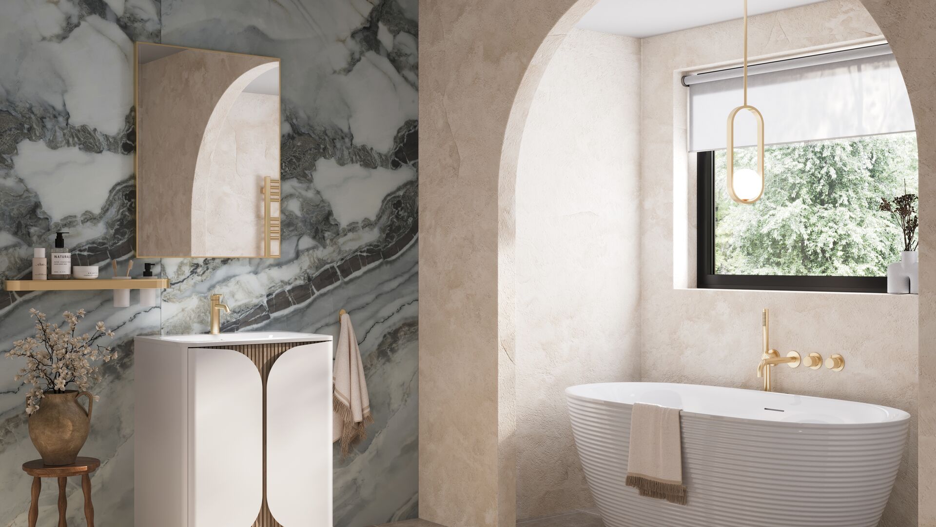 Arched plaster alcove in a Crosswater spa bathroom, with a fluted freestanding bath and brushed-brass wall-mounted taps