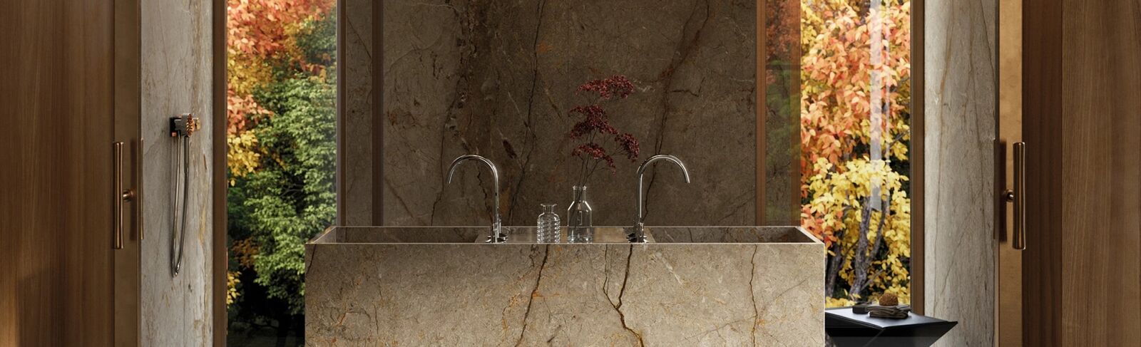 Large-format stone-effect porcelain wall by Porcelanosa, honed finish