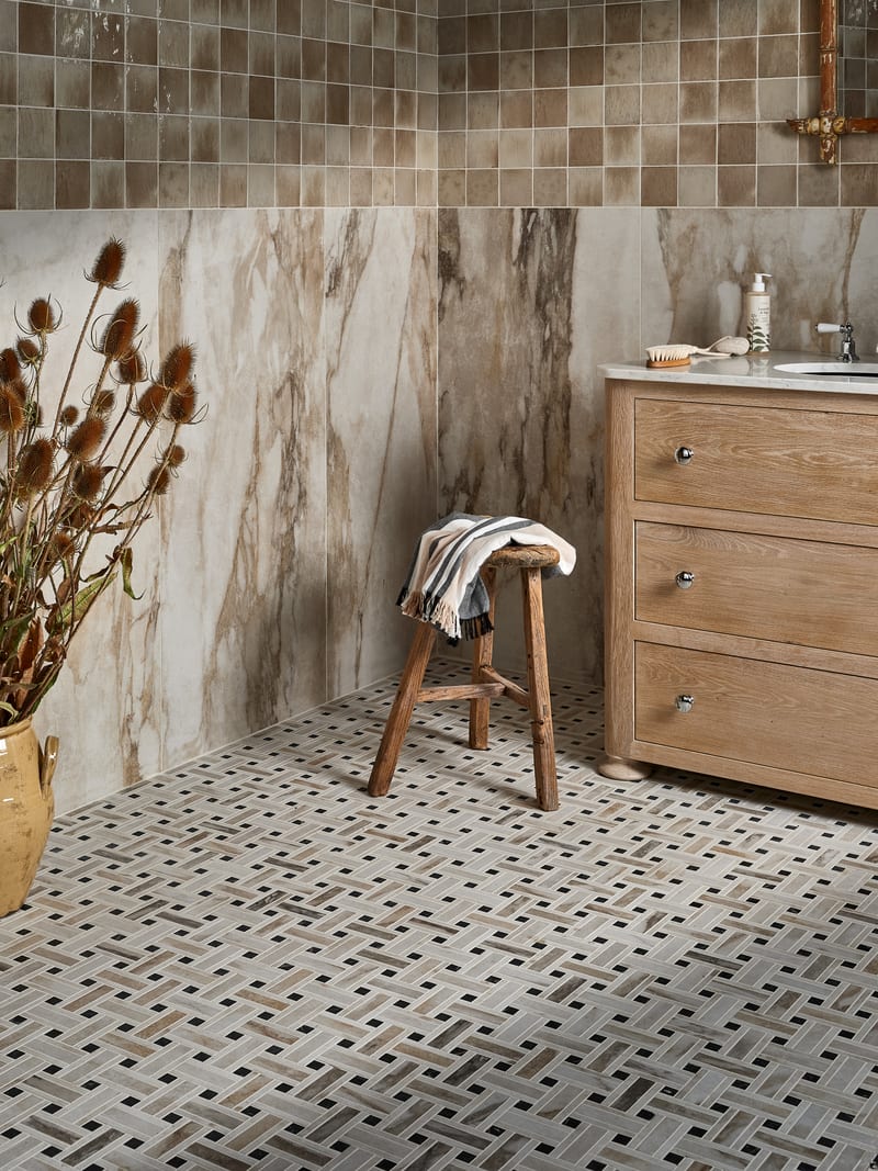 Basket weave tile floor layout with gold mosaic tiles in interlocking woven pattern