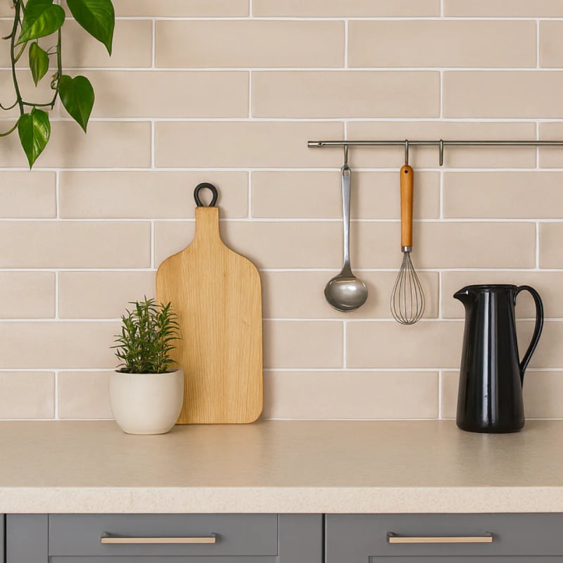 Brick bond offset tile layout on bathroom wall with cotto matt tiles in staggered pattern