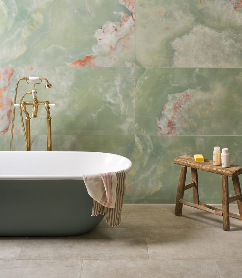 Jade-toned porcelain tiles on bathroom wall demonstrating room proportion and layout planning