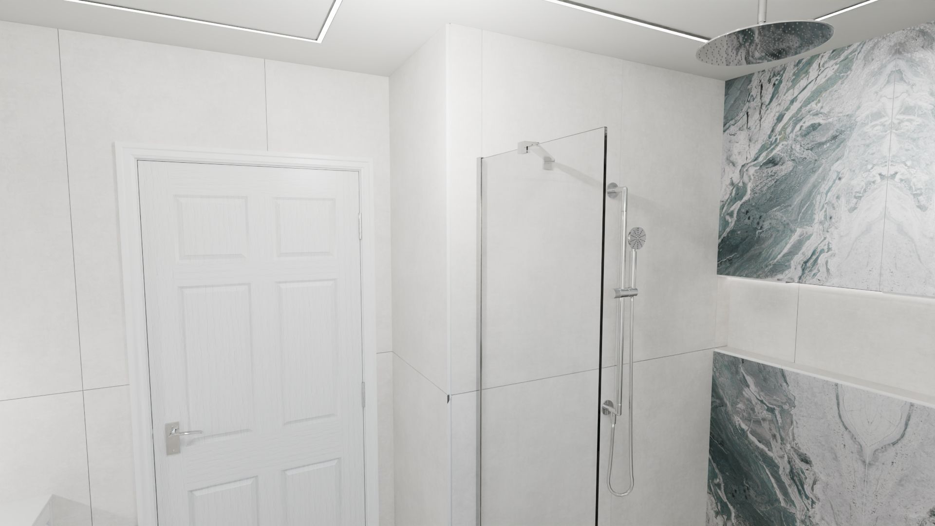 3D design render of a small wet room, Braintree CM7, showing the glass screen, hand shower and entry door positioned before tiling