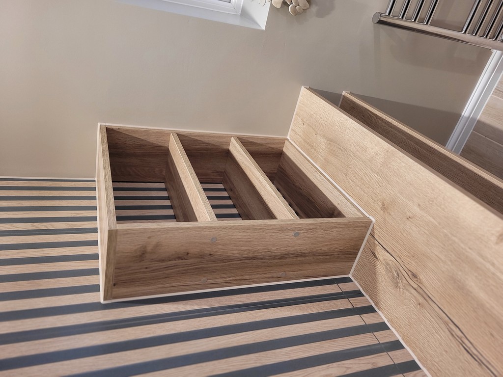 Benfleet master ensuite with bespoke shelving and Roper Rhodes furniture SS7 Essex compact bathroom