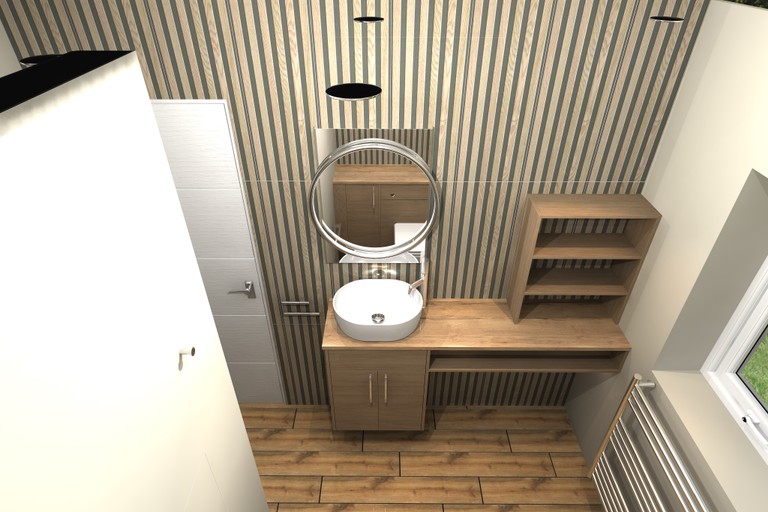3D design render of the Roper Rhodes vanity, countertop basin and HiB Solas mirror on a slatted wall, from the Benfleet SS7 master ensuite project