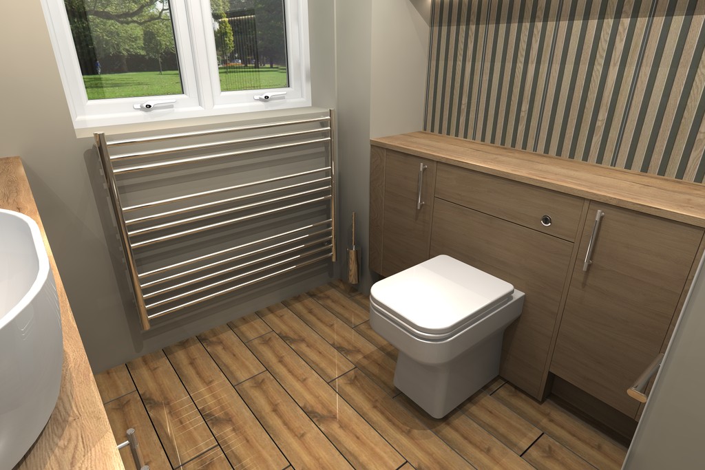 3D render of low-height towel radiator and WC — Benfleet SS7 master ensuite design