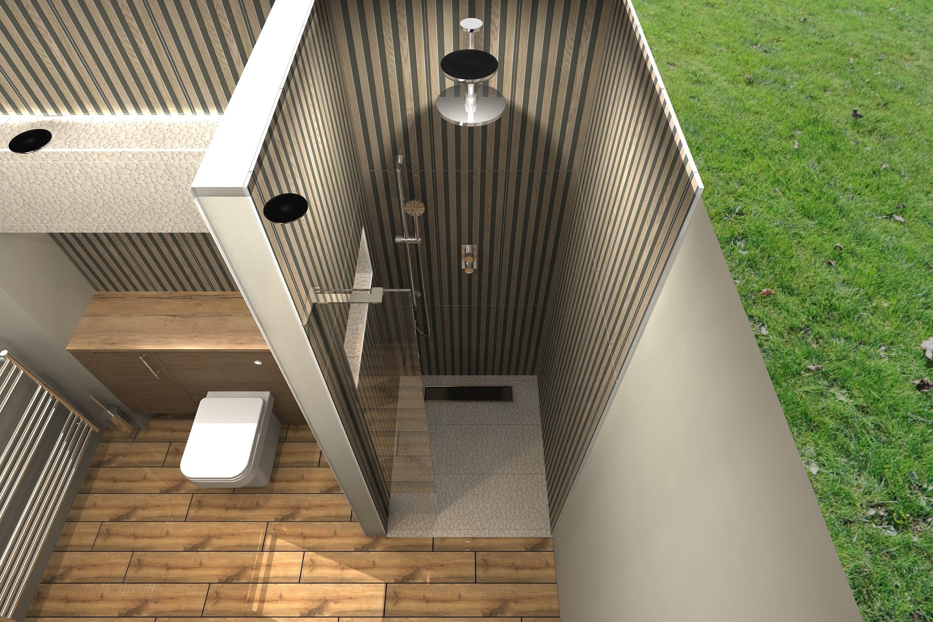 3D design render of the wetroom shower, linear waste and slatted walls from the Benfleet SS7 master ensuite project