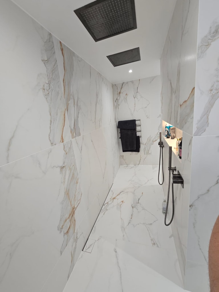 Walk-in wetroom shower with infinity tray and IP65 spotlights in Billericay CM11 master ensuite