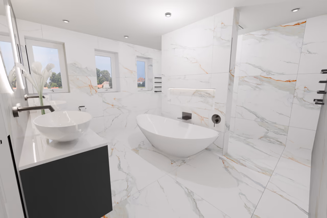 3D render of BC Designs Kurv freestanding bath with AXOR flood spout in Billericay CM11 ensuite