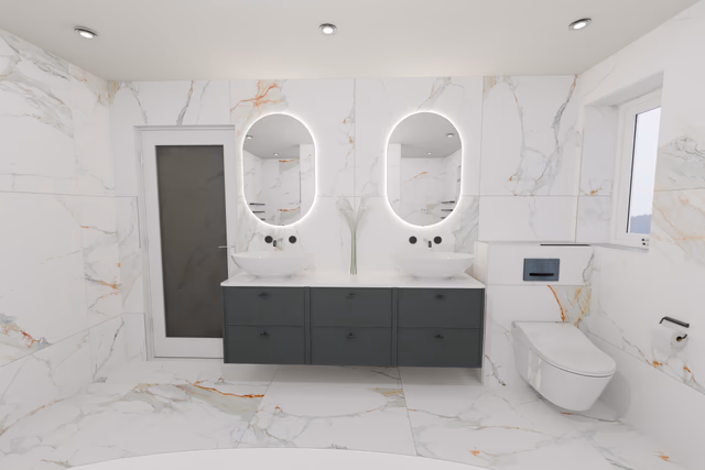 3D render of the Calypso Dartmoor double vanity with HiB Air Pill mirrors in Billericay CM11 ensuite