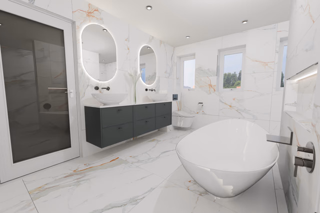 3D design render of Billericay CM11 luxury master ensuite with double vanity, freestanding bath and walk-in shower