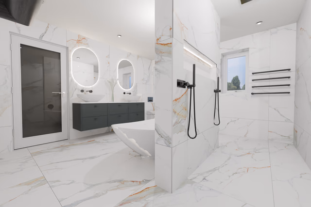 3D render of the Billericay CM11 ensuite viewed from the walk-in shower zone