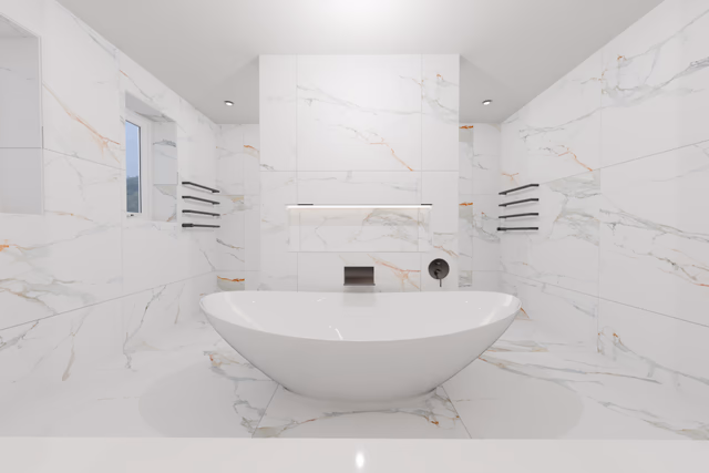 3D render of the BC Designs Kurv bath with LED niche and AXOR flood spout in Billericay CM11 ensuite