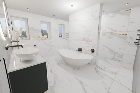 3D design render of the BC Designs Kurv freestanding bath with Axor flood spout, from the Billericay CM11 master ensuite project