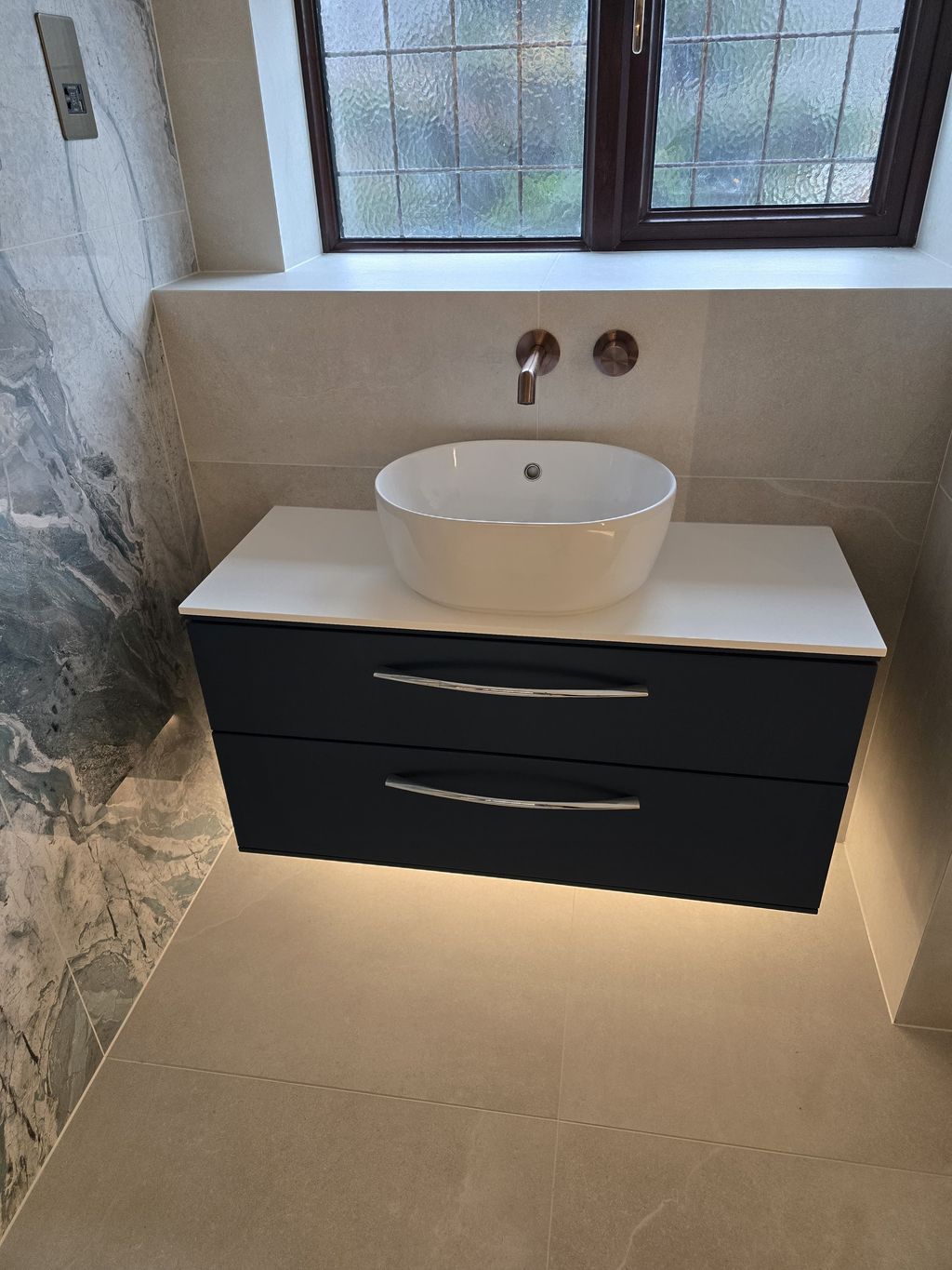 Roper Rhodes Scheme vanity in Derwent Blue with vessel basin — Bradwell CM77
