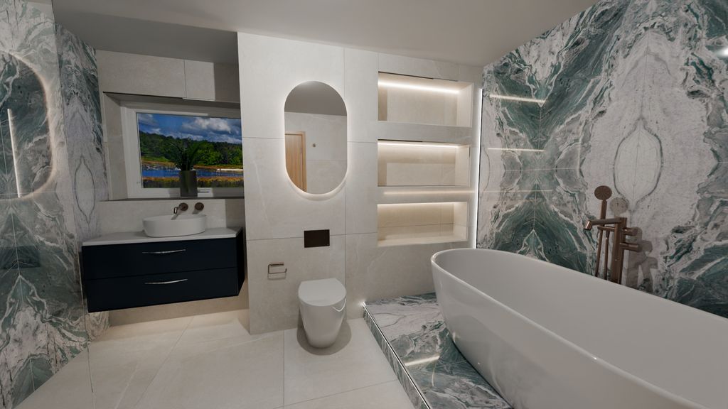 3D render of full bathroom layout with vanity, WC, niches, and freestanding bath — Bradwell CM77