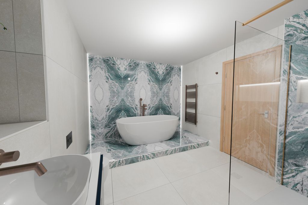 3D render of bath on raised platform with bookmatched feature wall — Bradwell CM77