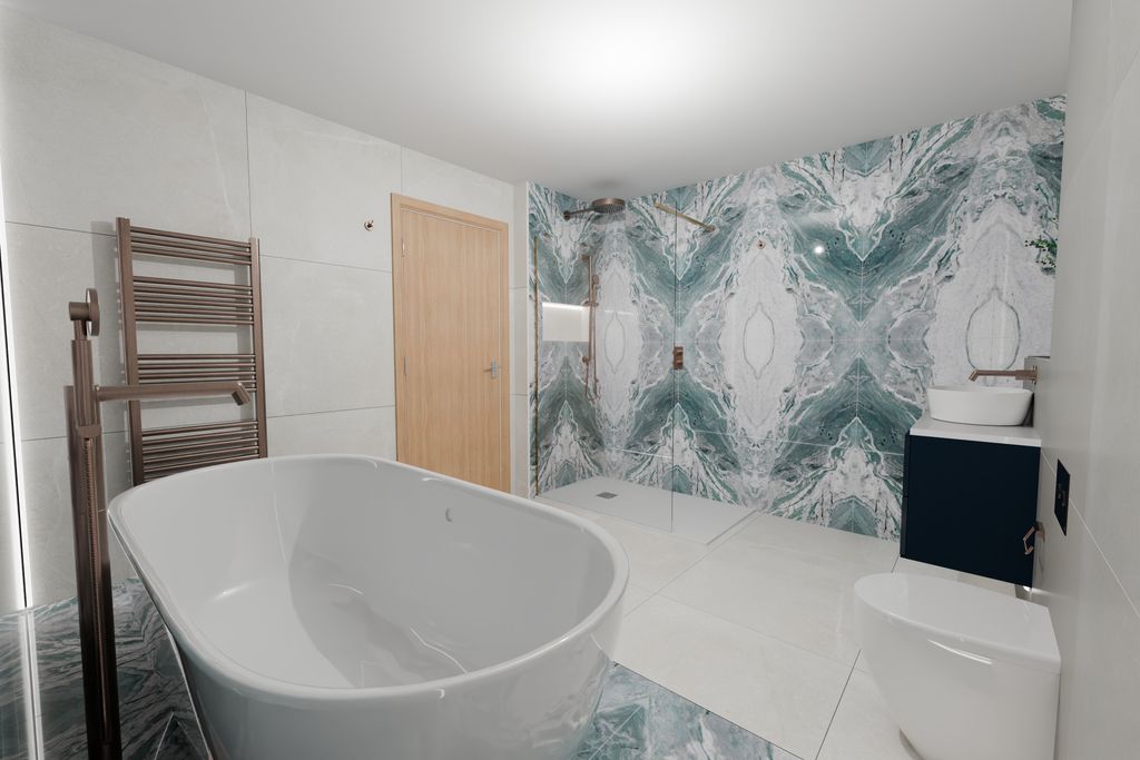 3D render from bath end showing shower, vanity, and door — Bradwell CM77