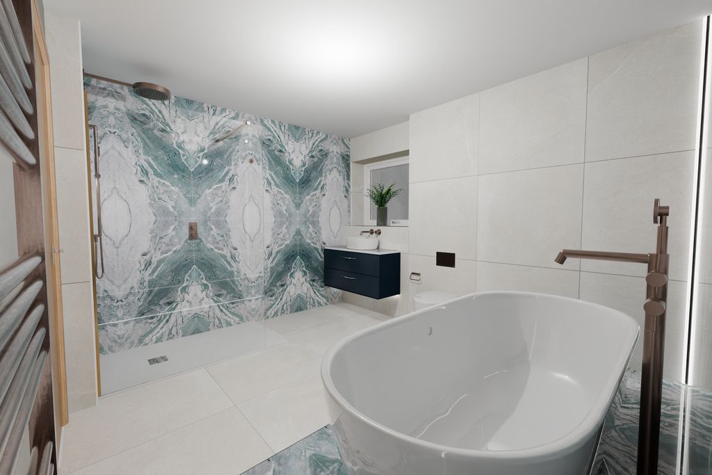 3D render of walk-in shower area with bookmatched tiles — Bradwell CM77