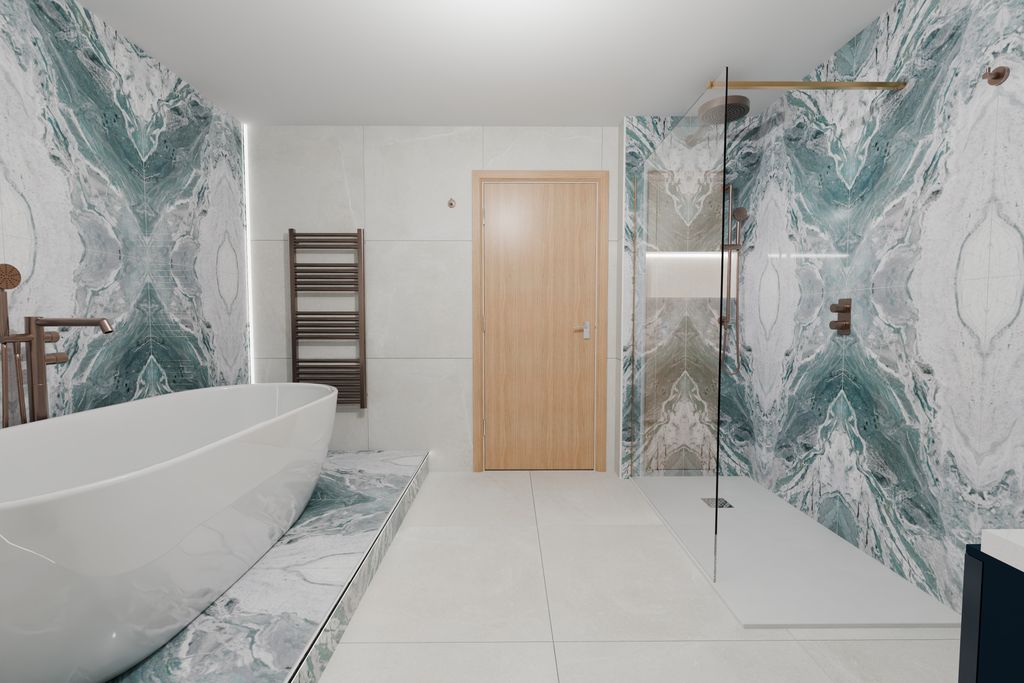 3D render of full bathroom from doorway showing both feature walls — Bradwell CM77