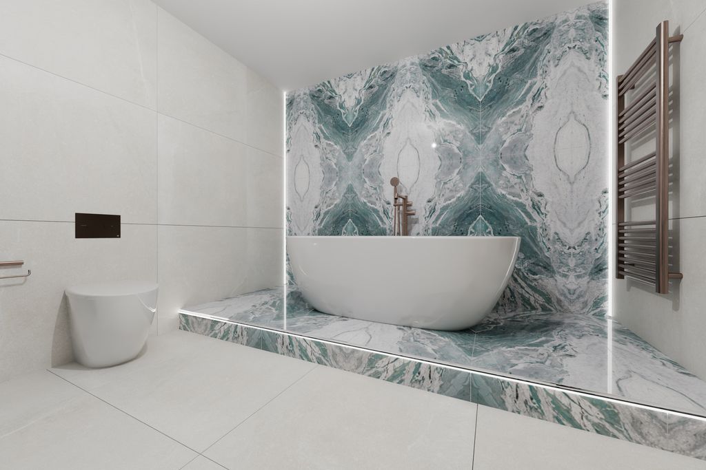 3D render of bath platform, WC, and feature wall with LED lighting — Bradwell CM77