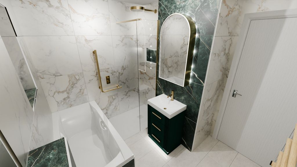3D render of bath and shower zone in compact bathroom — Braintree CM7