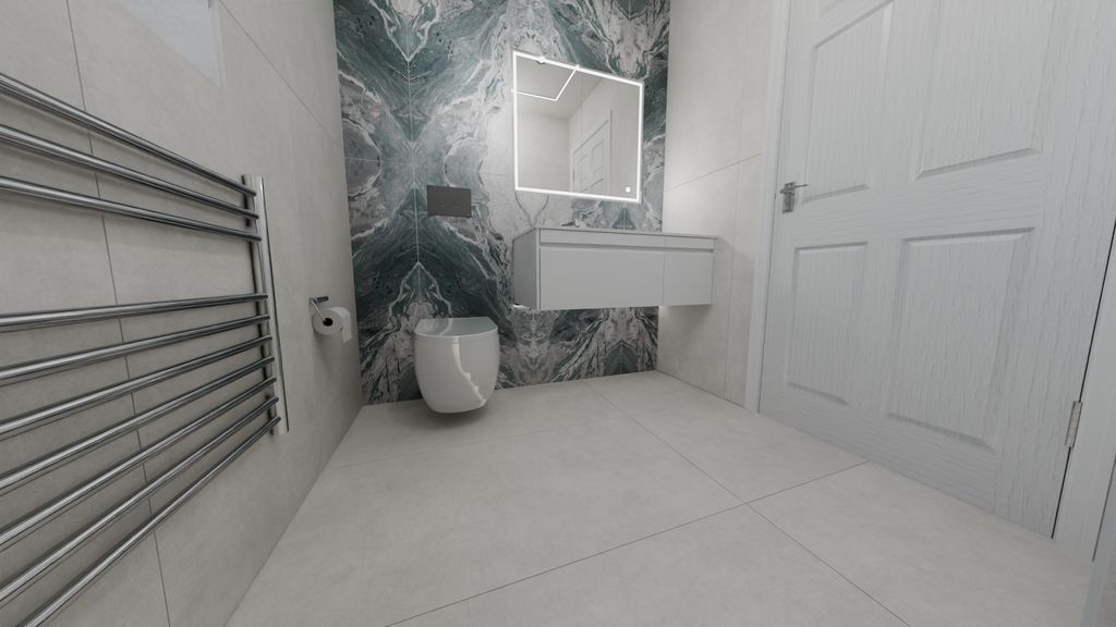 3D render of Braintree CM7 ensuite wetroom vanity and WC wall with Ocean Magnifique feature slabs