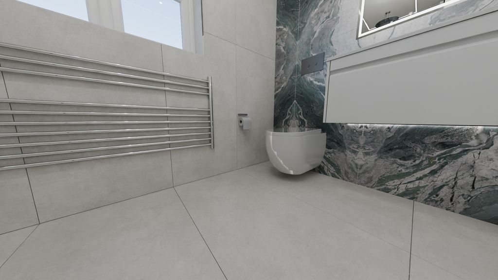3D render of Braintree CM7 WC and towel radiator corner with window