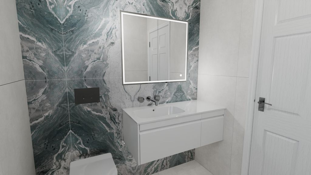 3D render of Braintree CM7 Calypso Loreto vanity with HiB Vanquish LED mirror against Ocean Magnifique feature wall