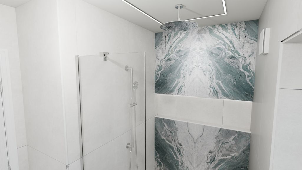 3D render of Braintree CM7 wetroom shower zone with ceiling rainfall head, LED niche, and frameless glass screen