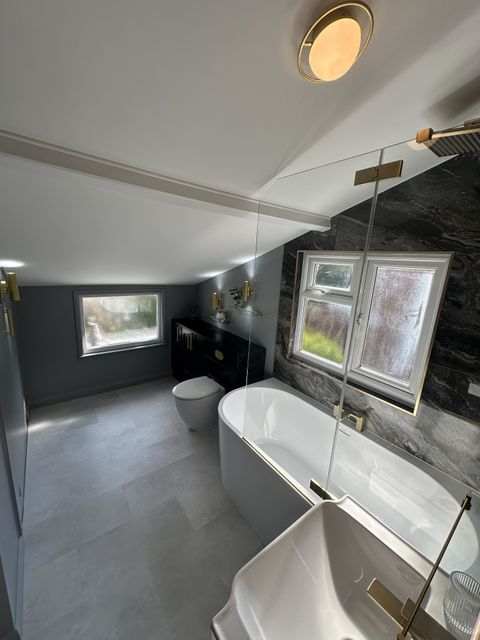 Walk-in shower with Concierge vanity in a Braintree CM7 family bathroom — designed and supplied by Bowman Bathrooms