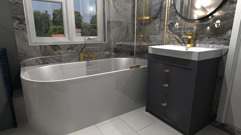 3D render of J-shape bath and Concierge vanity corner in Braintree CM7 family bathroom design