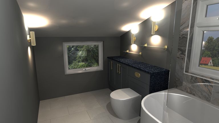 3D render of dark navy fitted furniture, back-to-wall WC, and brass wall lights in Braintree CM7 bathroom design
