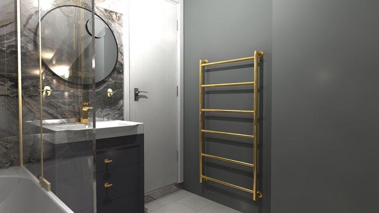 3D render showing full Braintree CM7 family bathroom layout from doorway with vanity, bath, and towel rail