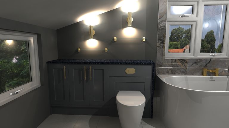 3D render of WC wall with shaker-style furniture, brass handles, and wall lights in Braintree CM7 bathroom