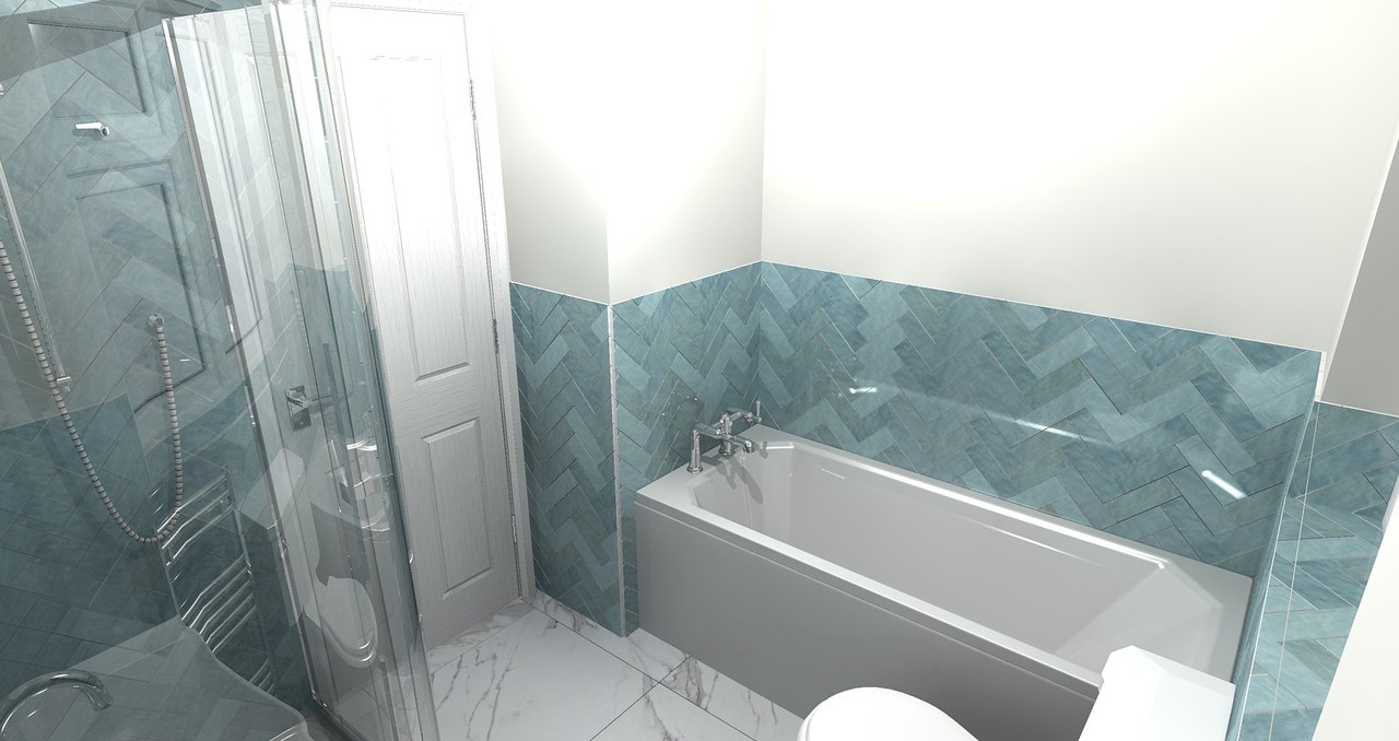 3D render of Brentwood CM13 family bathroom from shower corner showing bath, door, and herringbone tiles